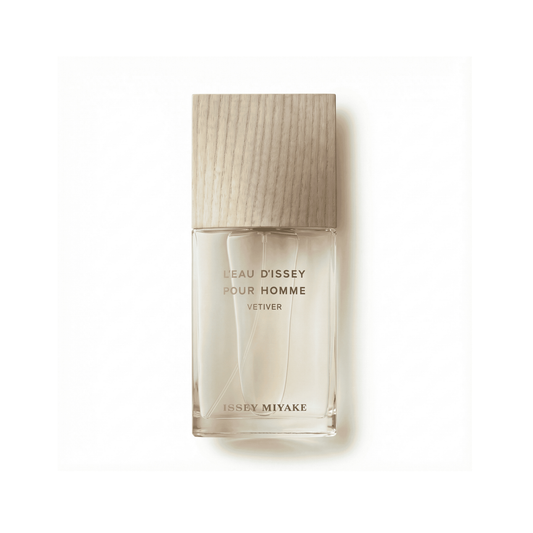 Bottle of Issey Miyake L'eau Dissey Pour Homme Vetiver EDP fragrance on a white background with soft shadow