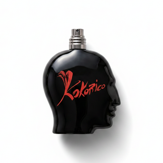 Bottle of JPG Kokorico fragrance on a white background with soft shadow