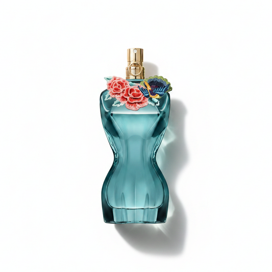 Bottle of JPG La Belle Fleur Terrible EDP fragrance on a white background with soft shadow