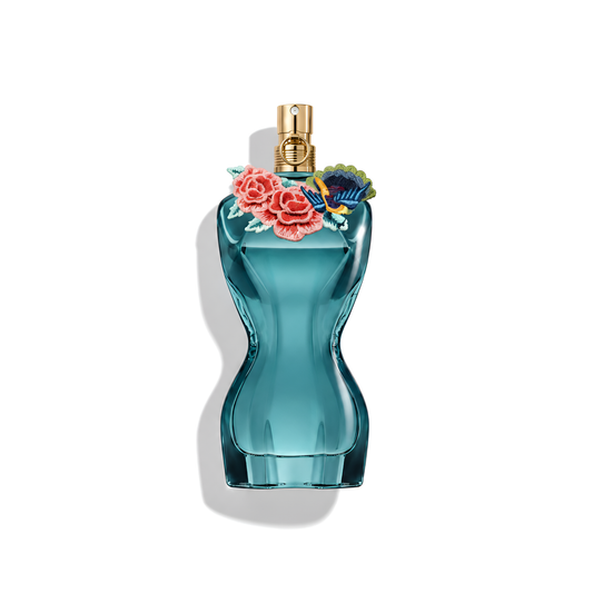 Bottle of JPG La Belle Fleur Terrible EDP fragrance on a white background with soft shadow