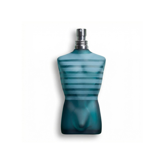 Bottle of JPG Le Male EDT fragrance on a white background with soft shadow