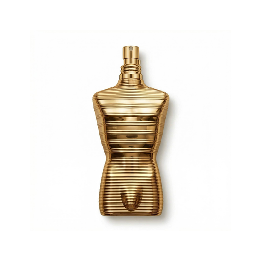 Bottle of JPG Le Male Elixir Absolu fragrance on a white background with soft shadow