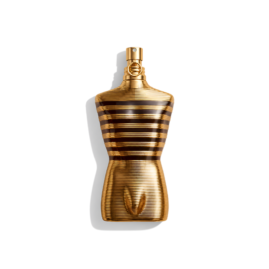 Bottle of JPG Le Male Elixir fragrance on a white background with soft shadow