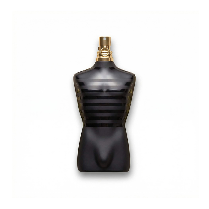 Bottle of JPG Le Male Le Parfum fragrance on a white background with soft shadow