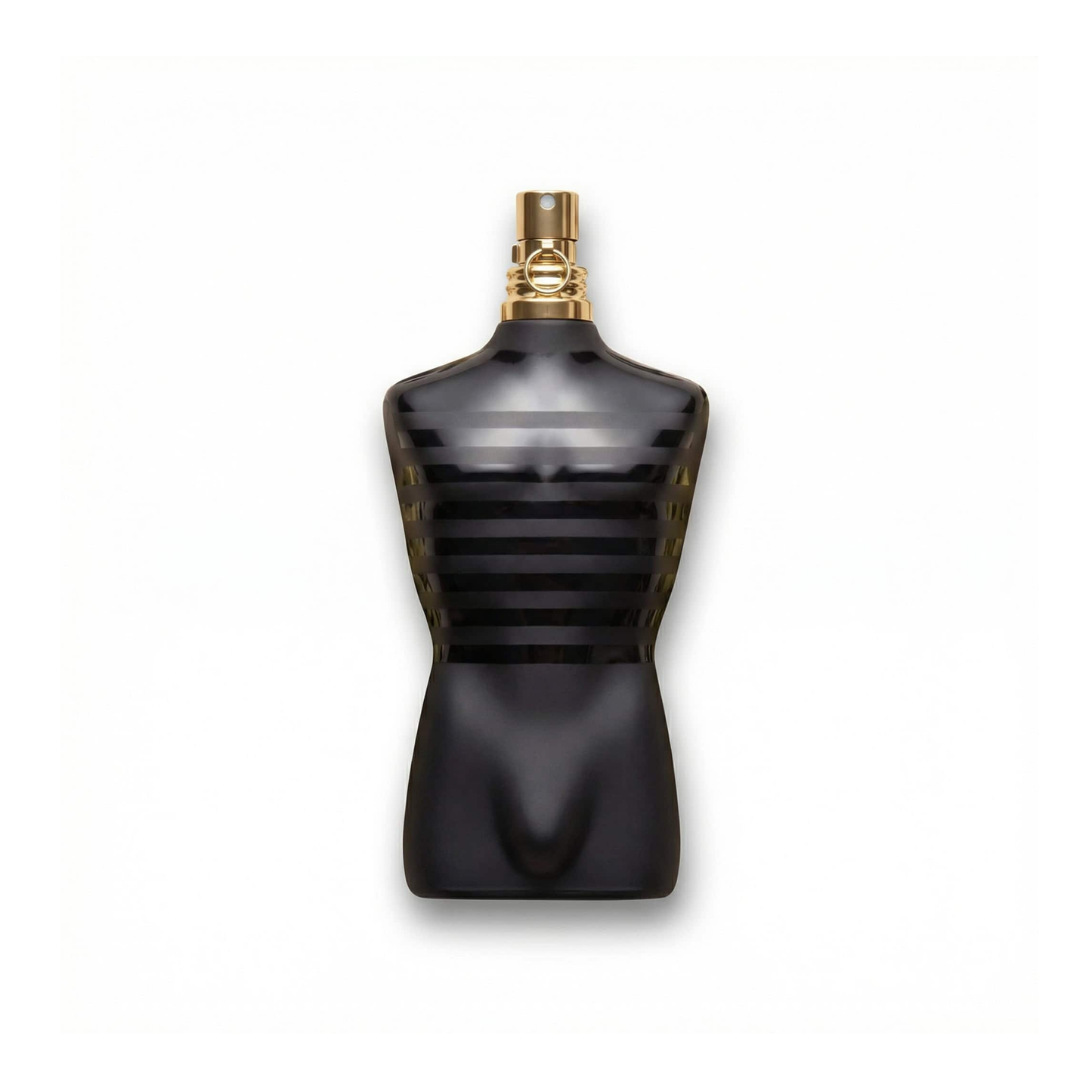 Bottle of JPG Le Male Le Parfum fragrance on a white background with soft shadow