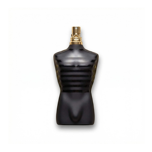 Bottle of JPG Le Male Le Parfum fragrance on a white background with soft shadow