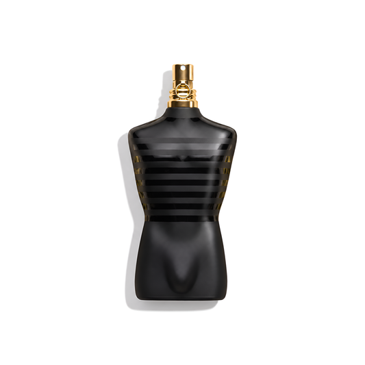 Bottle of JPG Le Male Le Parfum fragrance on a white background with soft shadow