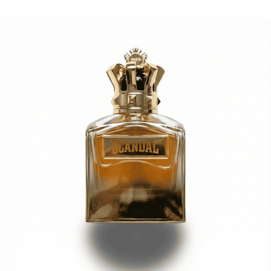 Bottle of JPG Scandal Absolu fragrance on a white background with soft shadow