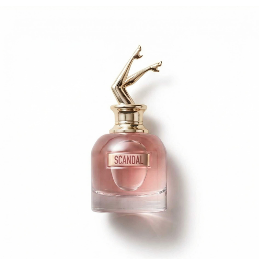 Bottle of JPG Scandal Eau de Parfum fragrance on a white background with soft shadow