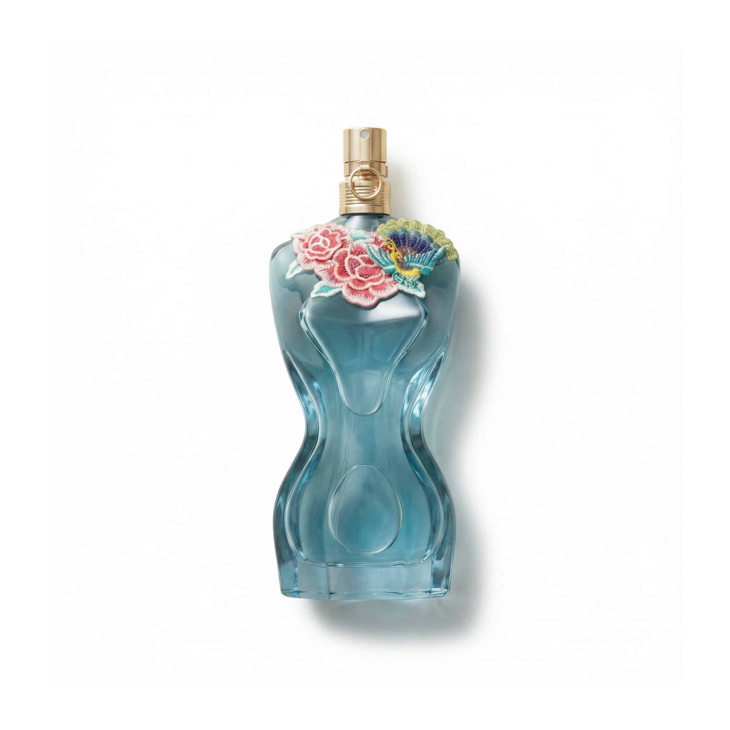 Bottle of Jean Paul Gaultier La Belle Paradise Garden EDP fragrance on a white background with soft shadow