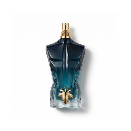 Bottle of Jean Paul Gaultier Le Beau Le Parfum EDP fragrance on a white background with soft shadow