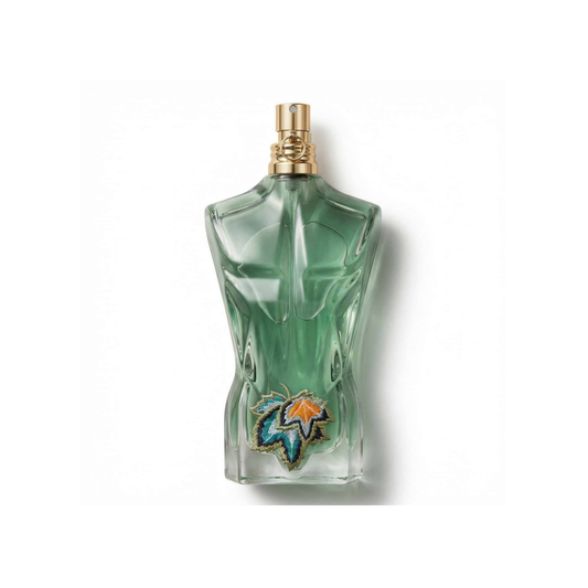 Bottle of Jean Paul Gaultier Le Beau Paradise Garden EDP fragrance on a white background with soft shadow