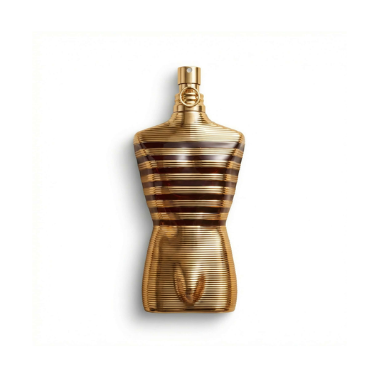 Bottle of Jean Paul Gaultier Le Male Elixir Elixir fragrance on a white background with soft shadow