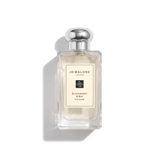 Bottle of Jo Malone Blackberry & Bay Cologne fragrance on a white background with soft shadow