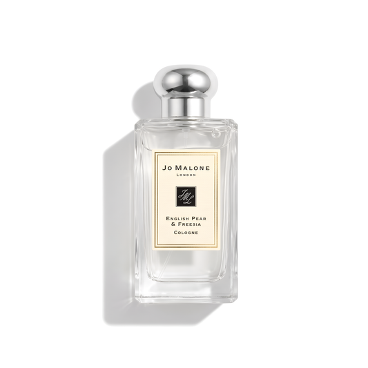 Bottle of Jo Malone English Pear & Freesia Cologne fragrance on a white background with soft shadow