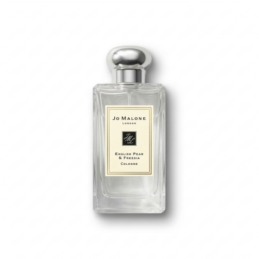 Bottle of Jo Malone English Pear & Freesia Cologne fragrance on a white background with soft shadow
