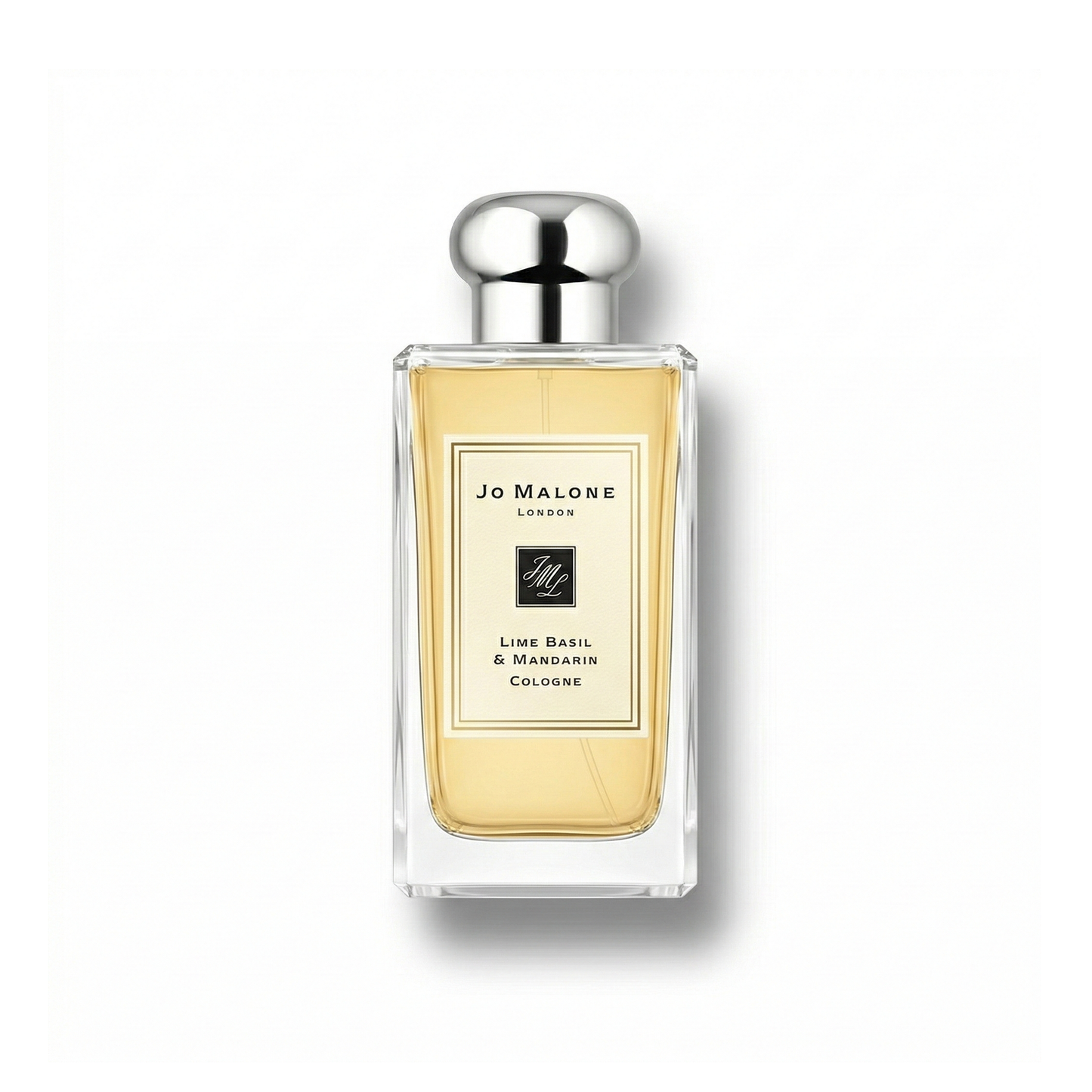 Bottle of Jo Malone Lime Basil & Mandarin Cologne fragrance on a white background with soft shadow