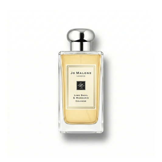 Bottle of Jo Malone Lime Basil & Mandarin Cologne fragrance on a white background with soft shadow