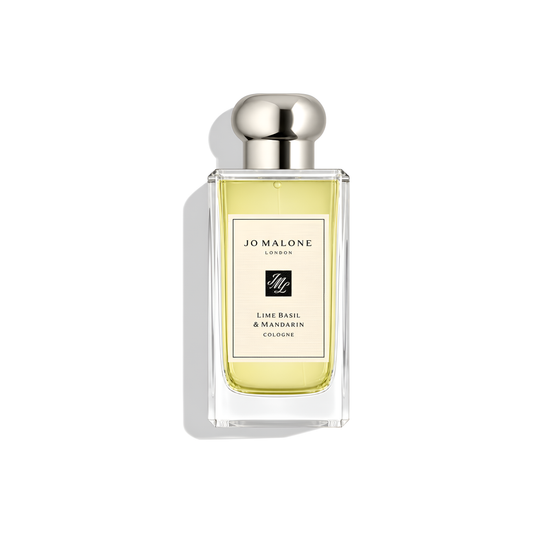 Bottle of Jo Malone Lime Basil & Mandarin Cologne fragrance on a white background with soft shadow