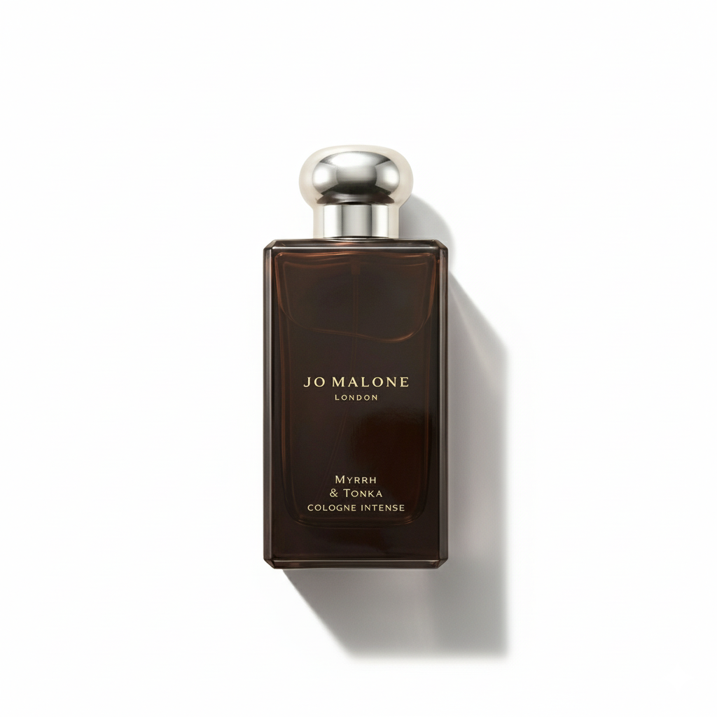 Bottle of Jo Malone Myrrh & Tonka Cologne Intense fragrance on a white background with soft shadow