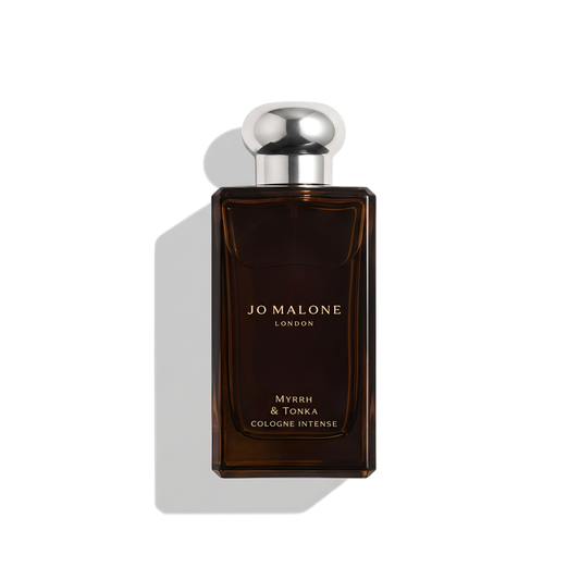 Bottle of Jo Malone Myrrh & Tonka Cologne fragrance on a white background with soft shadow