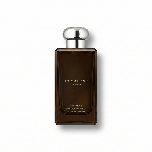 Bottle of Jo Malone Vetiver & Golden Vanilla EDP fragrance on a white background with soft shadow