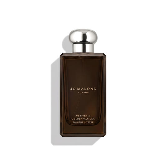 Bottle of Jo Malone Vetiver & Golden Vanilla EDP fragrance on a white background with soft shadow