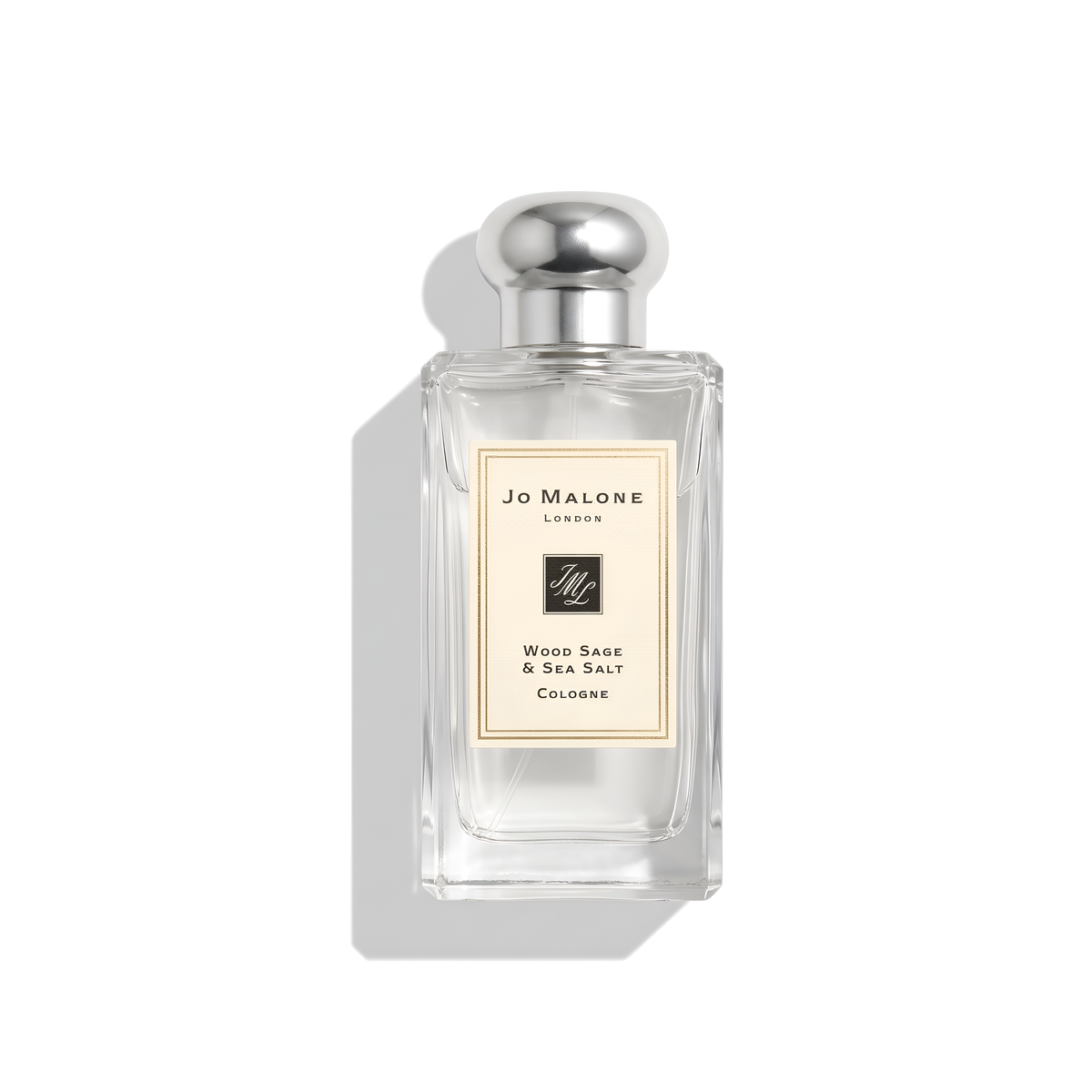 Bottle of Jo Malone Wood Sage & Sea Salt Cologne fragrance on a white background with soft shadow