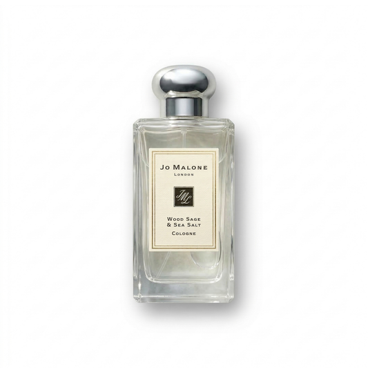 Bottle of Jo Malone Wood Sage & Sea Salt Cologne fragrance on a white background with soft shadow