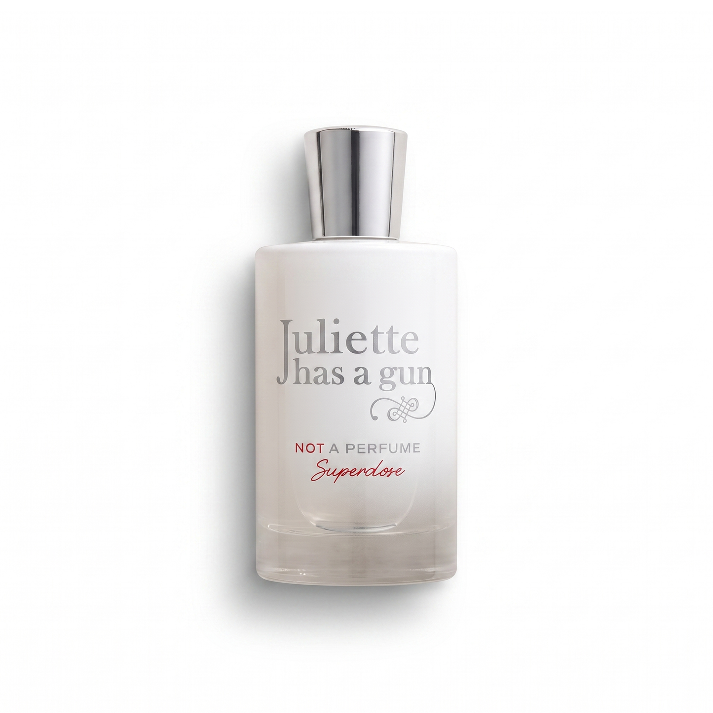Bottle of Juliette Has A Gun Not A Perfume Superdose EDP fragrance on a white background with soft shadow