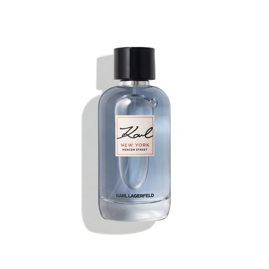 Bottle of Karl Lagerfeld New York Mercer Street EDT fragrance on a white background with soft shadow