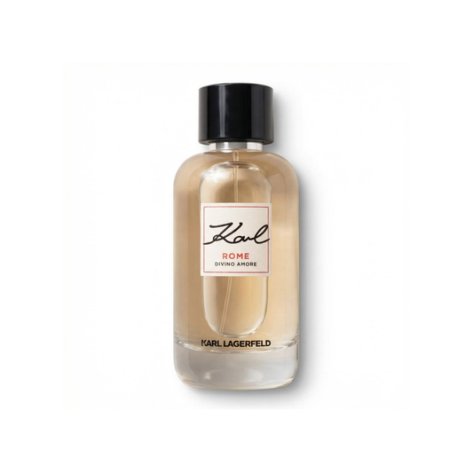 Bottle of Karl Lagerfeld Rome Divino Amore EDP fragrance on a white background with soft shadow