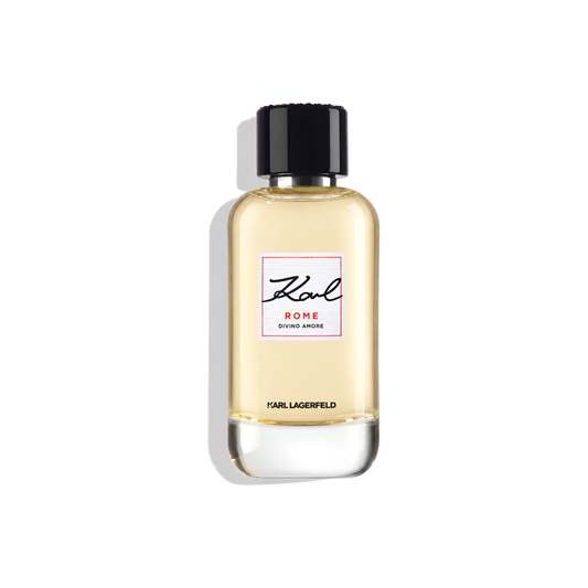 Bottle of Karl Lagerfeld Rome Divino Amore EDP fragrance on a white background with soft shadow