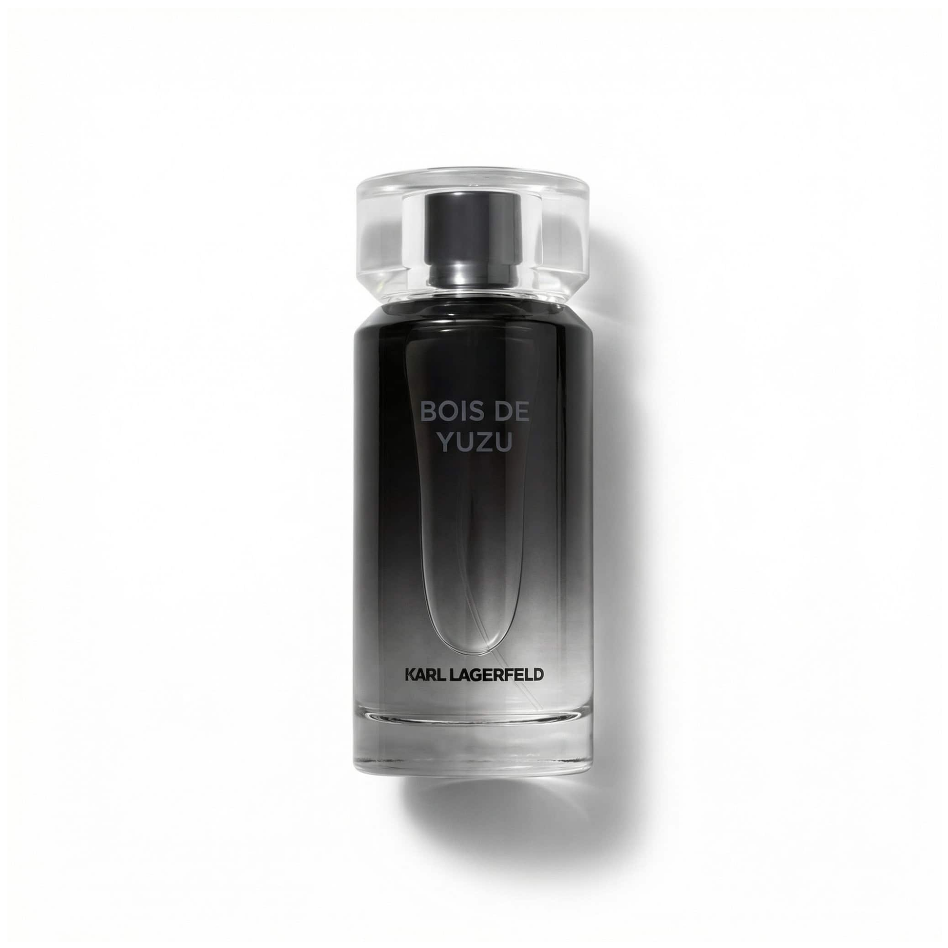 Bottle of Karl Lagerfield Bois de Yuzu EDT fragrance on a white background with soft shadow