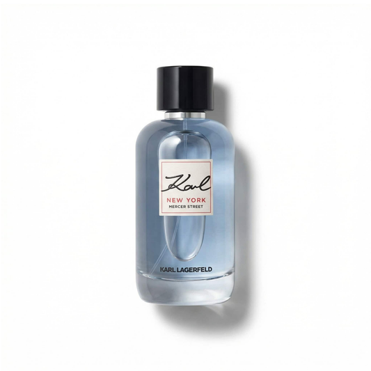 Bottle of Karl Lagerfield New York Mercer Street EDT fragrance on a white background with soft shadow