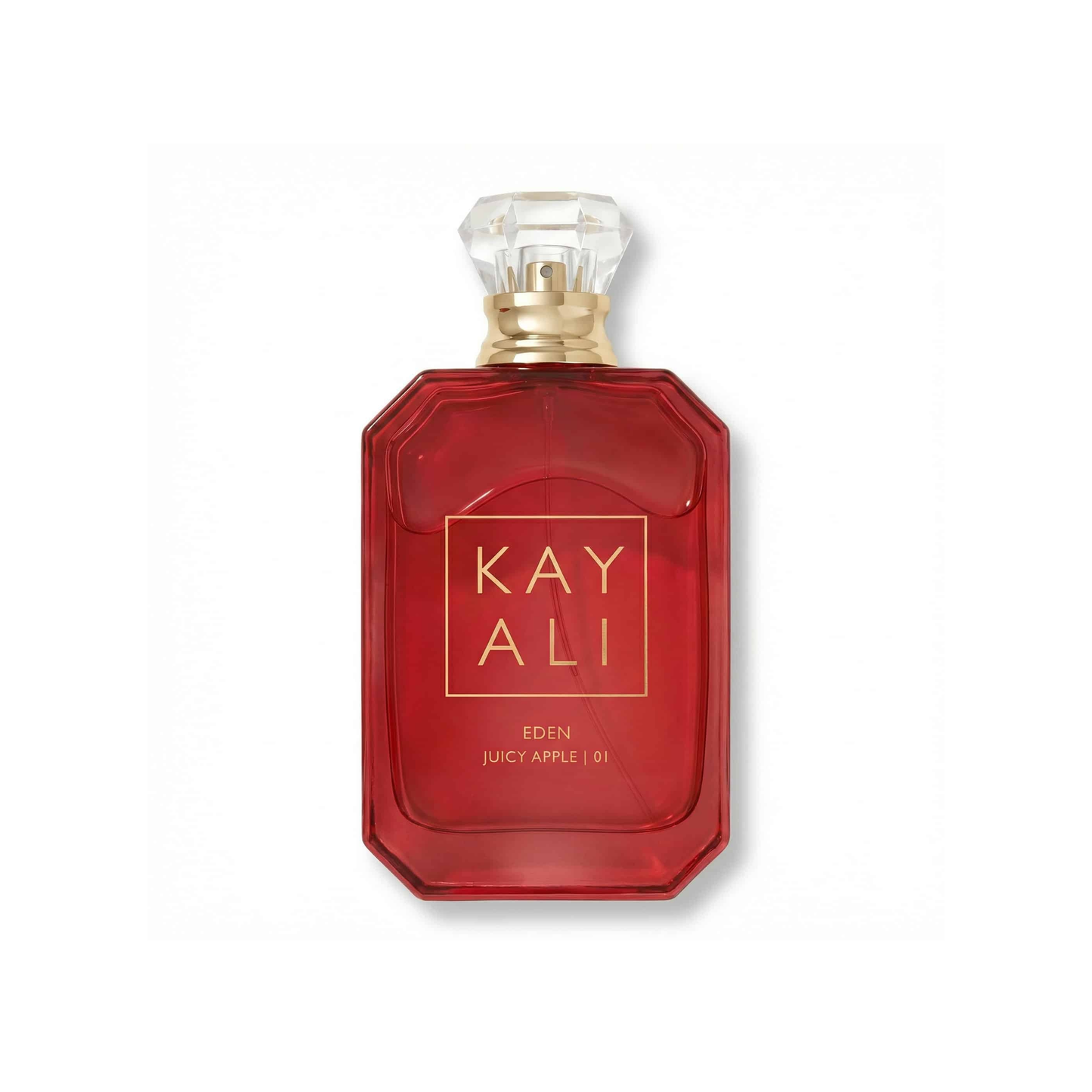Bottle of Kayali Eden Juicy Apple | 01 EDP fragrance on a white background with soft shadow