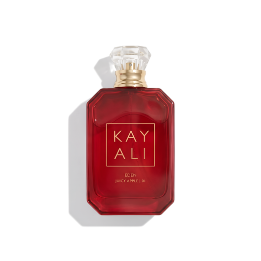 Bottle of Kayali Eden Juicy Apple | 01 EDP fragrance on a white background with soft shadow