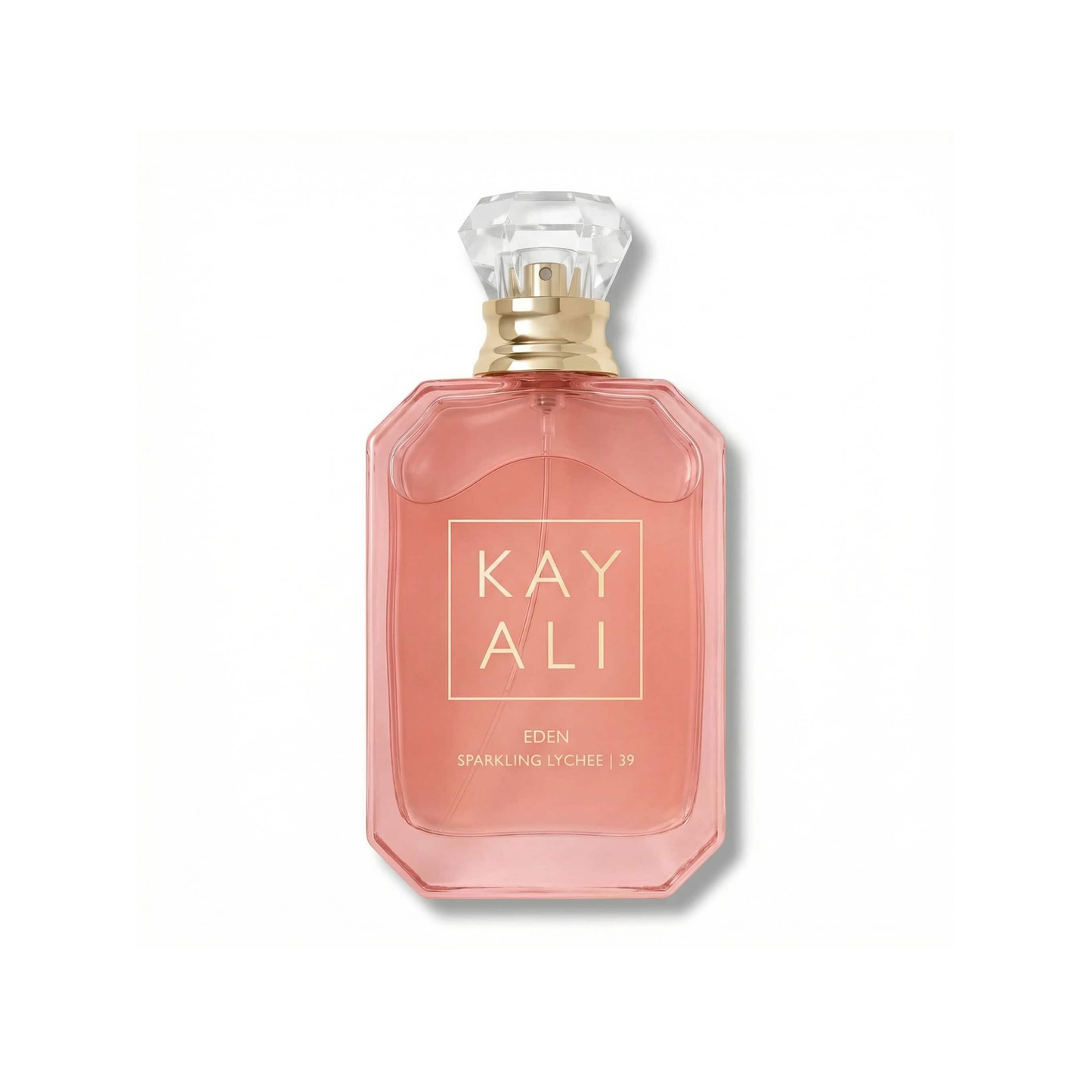 Bottle of Kayali Eden Sparkling Lychee | 39 EDP fragrance on a white background with soft shadow