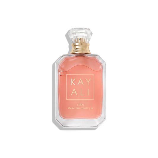 Bottle of Kayali Eden Sparkling Lychee | 39 EDP fragrance on a white background with soft shadow