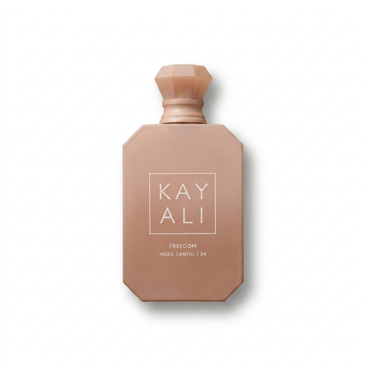 Bottle of Kayali Freedom Musk Santal | 34 EDP fragrance on a white background with soft shadow