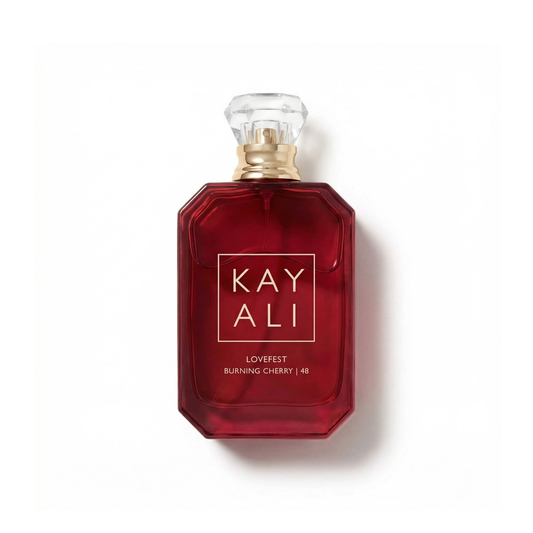 Bottle of Kayali Lovefest Burning Cherry | 48 EDP fragrance on a white background with soft shadow