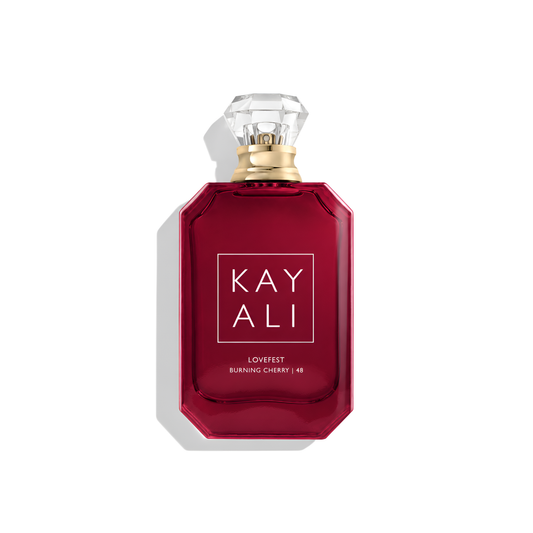Bottle of Kayali Lovefest Burning Cherry | 48 EDP fragrance on a white background with soft shadow