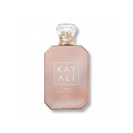 Bottle of Kayali Utopia Vanilla Coco | 21 EDP fragrance on a white background with soft shadow
