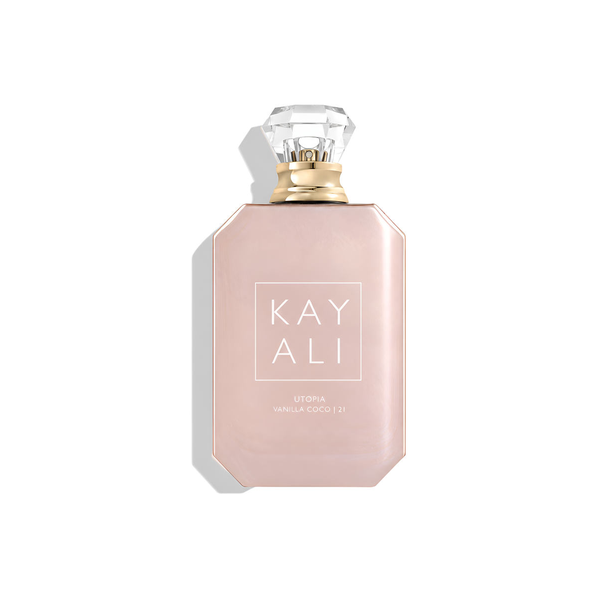 Bottle of Kayali Utopia Vanilla Coco | 21 EDP fragrance on a white background with soft shadow