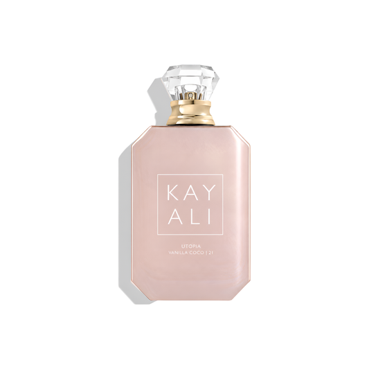 Bottle of Kayali Utopia Vanilla Coco | 21 EDP fragrance on a white background with soft shadow