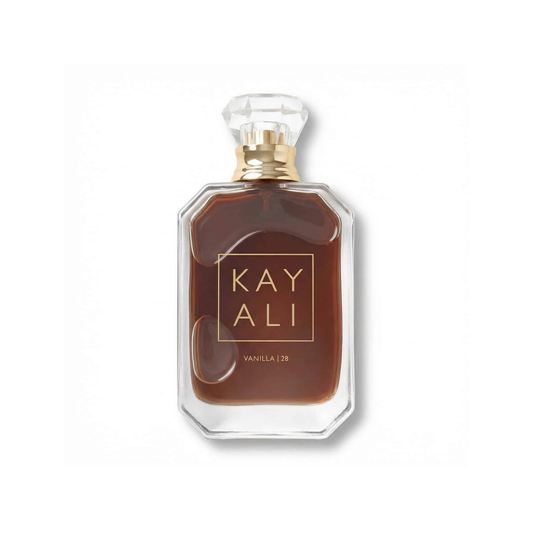Bottle of Kayali Vanilla 28 EDP fragrance on a white background with soft shadow