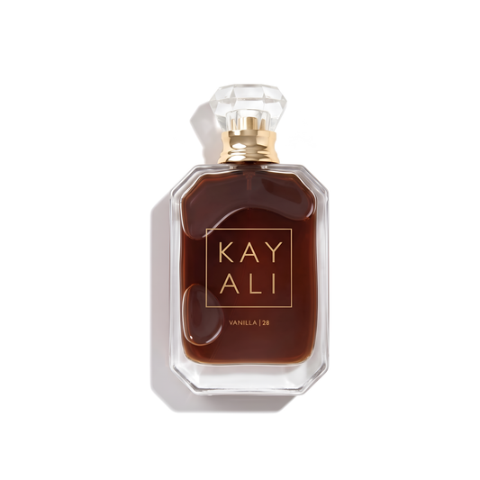 Bottle of Kayali Vanilla 28 EDP fragrance on a white background with soft shadow