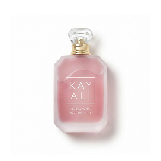 Bottle of Kayali Vanilla Candy Rock Sugar | 42 EDP fragrance on a white background with soft shadow