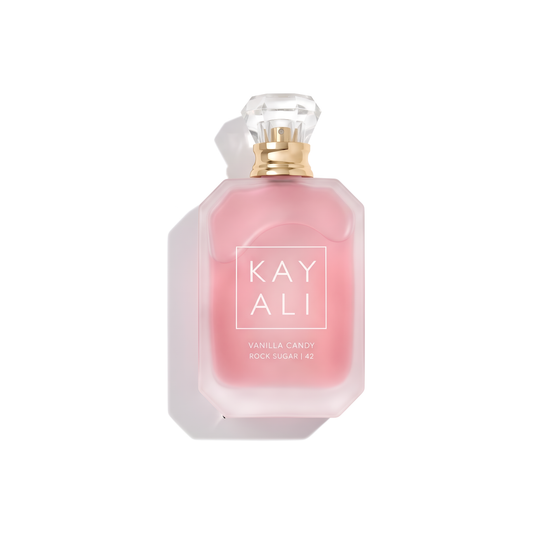 Bottle of Kayali Vanilla Candy Rock Sugar | 42 EDP fragrance on a white background with soft shadow