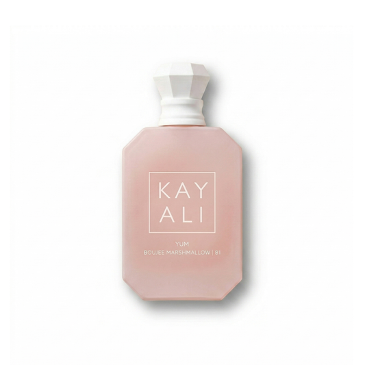 Bottle of Kayali Yum Boujee Marshmallow Intense | 81 EDP fragrance on a white background with soft shadow